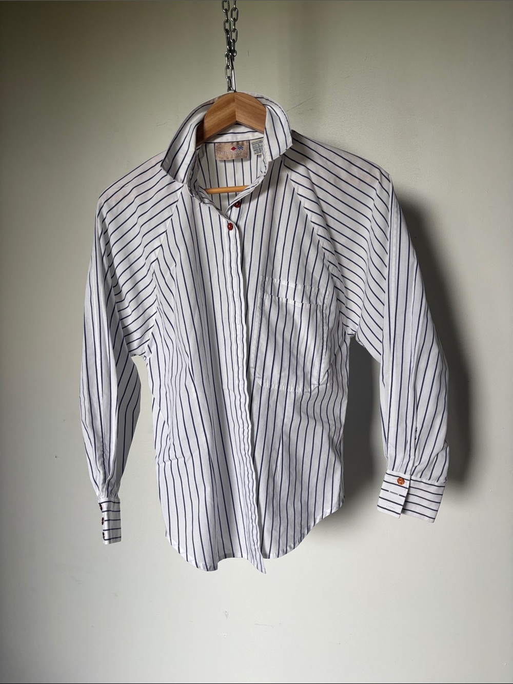 Vintage Button-Down Shirt White with Navy Pinstripes
